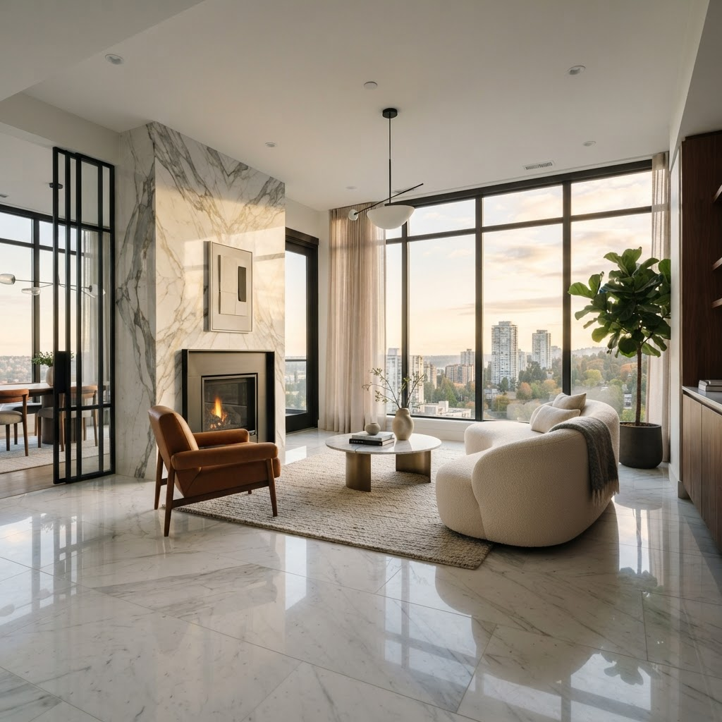 Luxurious interior with polished white marble flooring